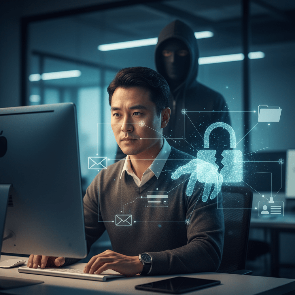 La faille humaine au cœur des cyberattaques modernes Employé concentré devant un ordinateur tandis qu’une silhouette de hacker se tient derrière lui, représentant la faille humaine exploitée dans les cyberattaques.