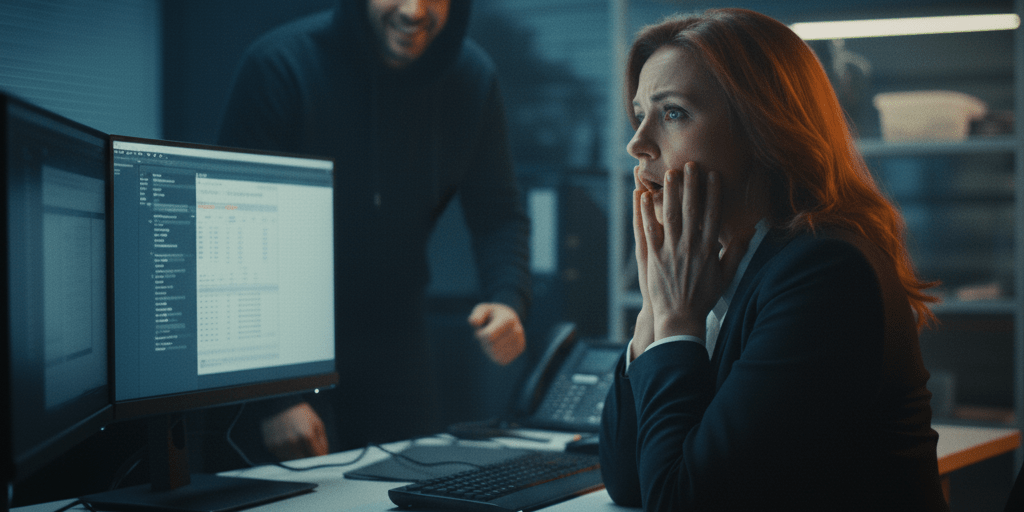 Fraude à la paie : vigilance et cybersécurité RH, Hucency Illustration représentant la fraude à la paie dans les services RH, avec un accent sur la cybersécurité et la vigilance des employés, Hucency