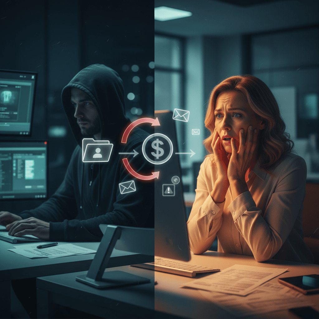 Fraude à la paie : un hacker détourne les salaires via les systèmes RH Hacker manipulant un système de paie pendant qu’une gestionnaire RH découvre avec stupeur le détournement de salaires. Illustration de la fraude à la paie.