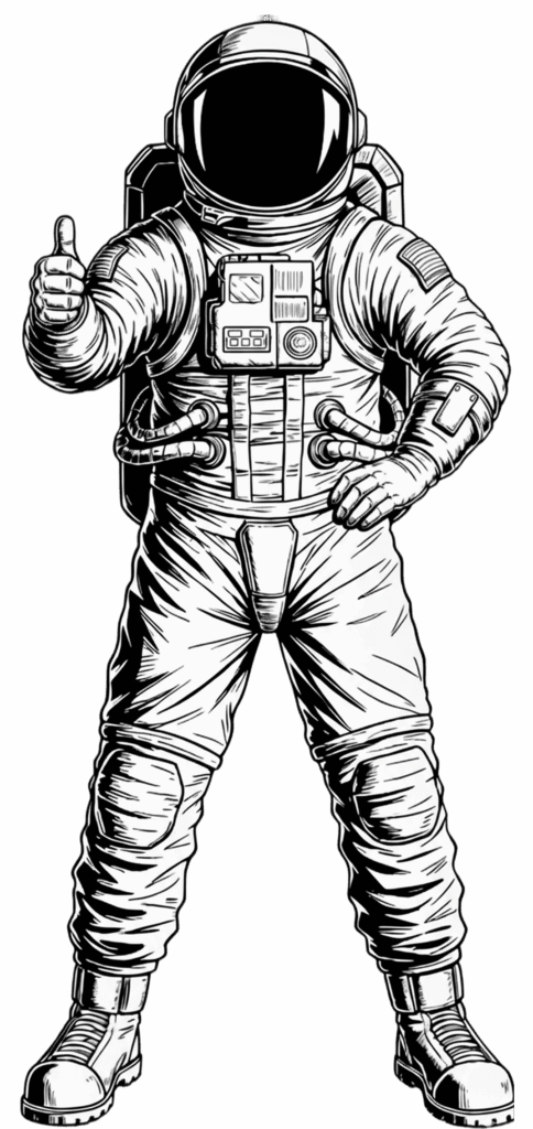 Hucency - Sensibilisation et prévention des fraudes à la paie Illustration d’un astronaute levant le pouce, symbole de confiance et de réussite, représentant l’approche bienveillante et proactive de Hucency dans la prévention des fraudes à la paie.
