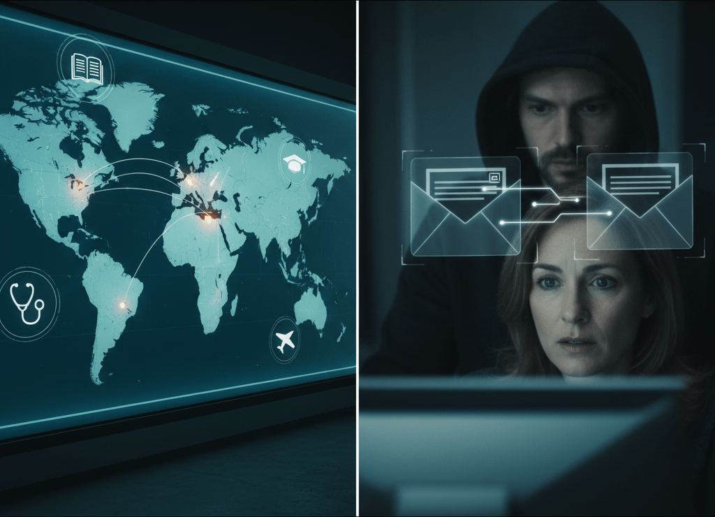 Cyberattaques RH : une menace mondiale en pleine expansion Carte du monde illustrant la propagation mondiale des cyberattaques ciblant les services RH, la santé, l’éducation et le transport aérien, symbole d’une menace en expansion.