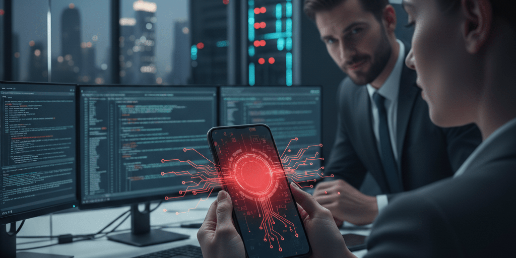 Détection d'un logiciel espion smartphone sur un téléphone mobile dans un bureau, symbolisant l'ennemi invisible des employés.