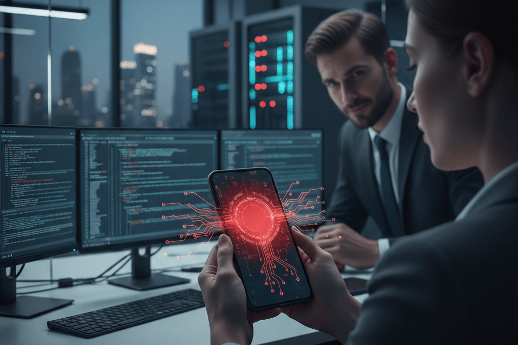 Détection d'un logiciel espion smartphone sur un téléphone mobile dans un bureau, symbolisant l'ennemi invisible des employés.