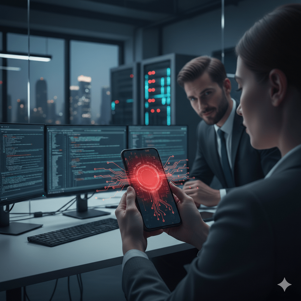 Détection d'un logiciel espion smartphone sur un téléphone mobile dans un bureau, symbolisant l'ennemi invisible des employés.